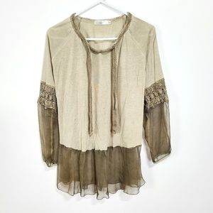 Easel | Embroidered Sheer Sleeve Tunic Top Tan Small